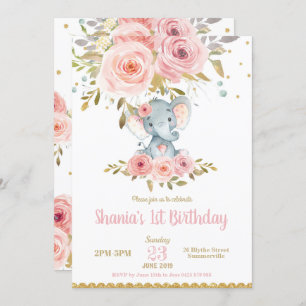 Eléphant 1er anniversaire Invitation Fille rose fl