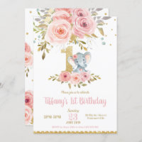 Eléphant 1er anniversaire Invitation Fille rose fl