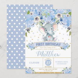 Elephant 1er anniversaire Invitation garçon Blue F