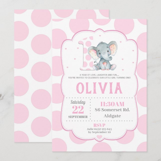 Elephant 1er anniversaire Invitation Pois roses (Devant / Derrière)