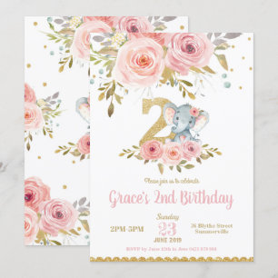 Elephant 2e anniversaire Invitation fille rose flo