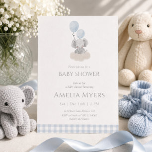 Éléphant à carreaux bleus sur invitation de baby s