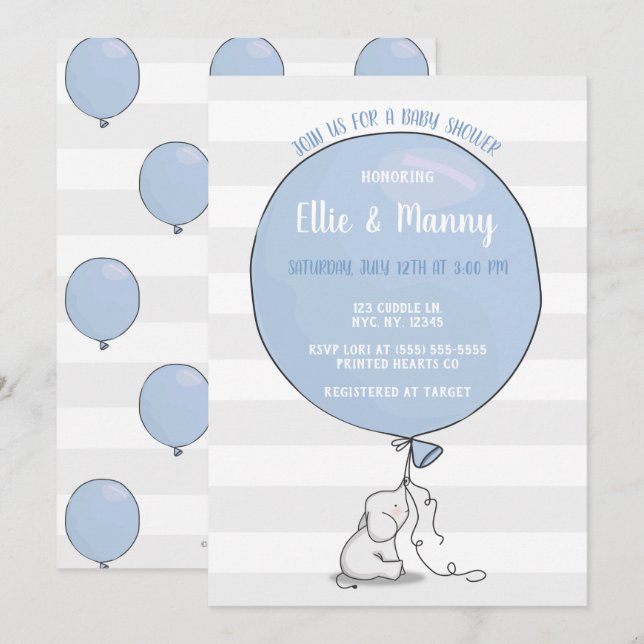 Elephant and Balloon Baby Shower Einladung | Blau (Vorne/Hinten)