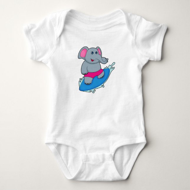 Elephant as Surfer with Surfboard Baby Strampler (Vorderseite)