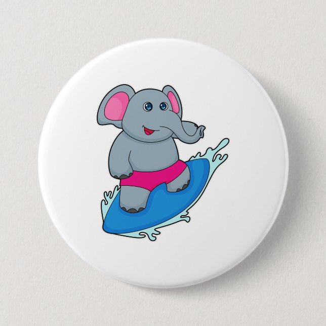 Elephant as Surfer with Surfboard Button (Vorderseite)