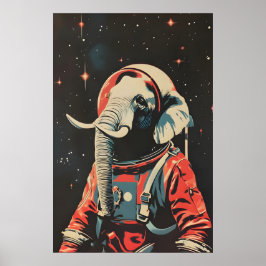 Elephant Astronaut Poster, Elephant Retro Print Poster