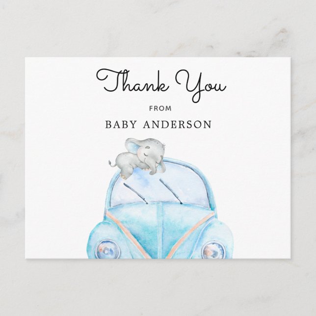 Elephant auf Blue Car Drive by Dusche Vielen Dank Postkarte (Vorderseite)