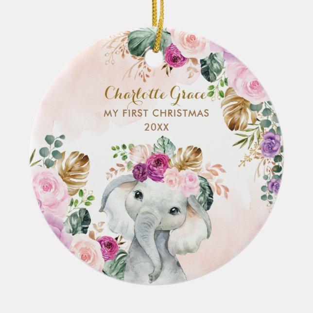 Elephant Baby 1. Weihnachtsblüte Blumengrün Keramik Ornament (Vorne)