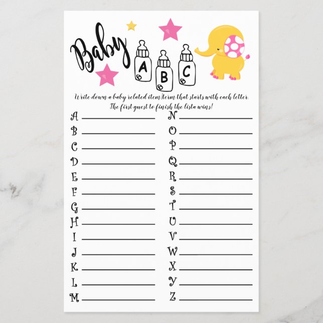 ELEPHANT BABY ABC BABY SHOWER GAME CARD FLYER (Vorne)