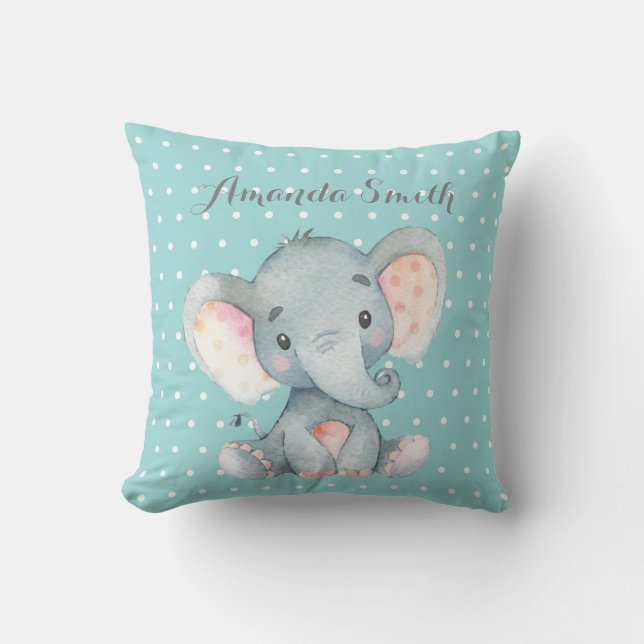 Elephant Baby Aqua Aquamarin Türkis und Grau Kissen (Vorderseite)