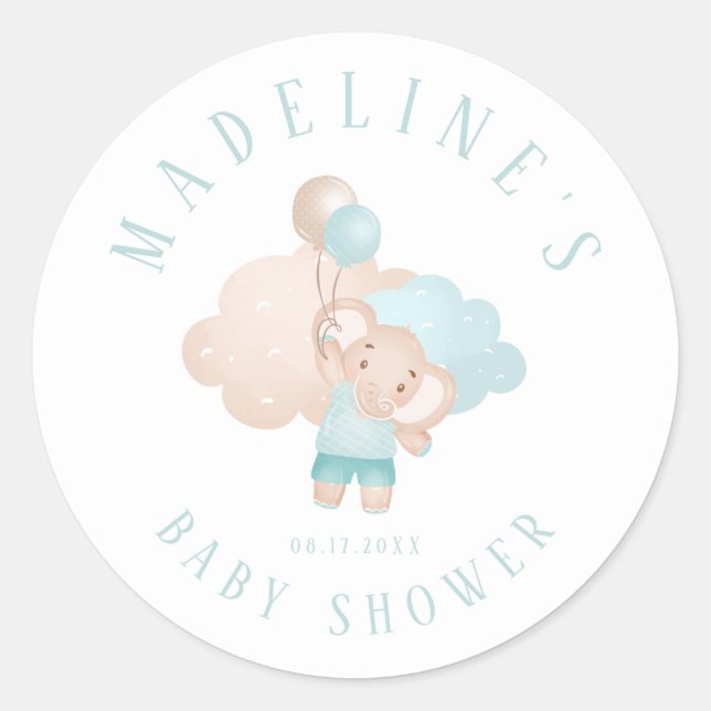Elephant Baby Boy Baby Shower Favor/Geschenksticke Runder Aufkleber (Vorderseite)