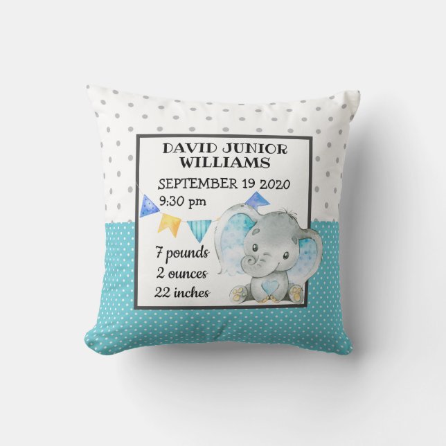 Elephant Baby Boy Birth Stats Kinderzimmer Kissen (Vorderseite)