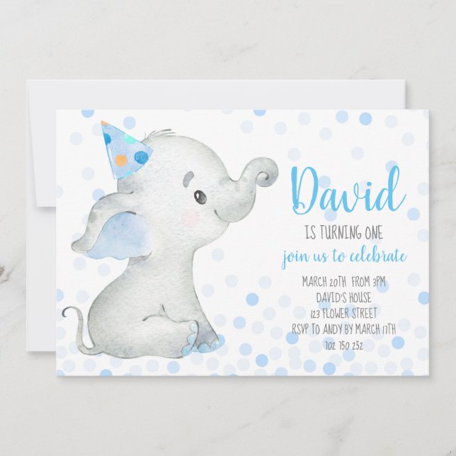 Elephant Baby Boy Blue Confetti Safari Jungle Einladung (Vorderseite)
