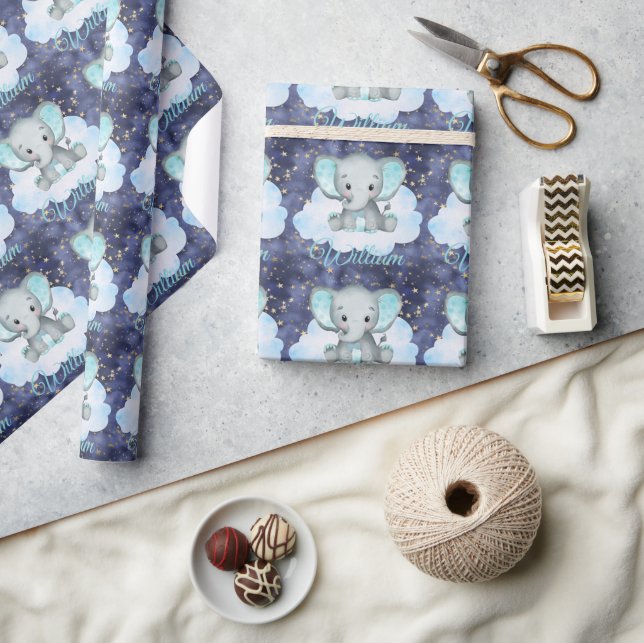 Elephant Baby Boy Blue Sky Gold Stars Individuelle Geschenkpapier (Kunsthandwerk)