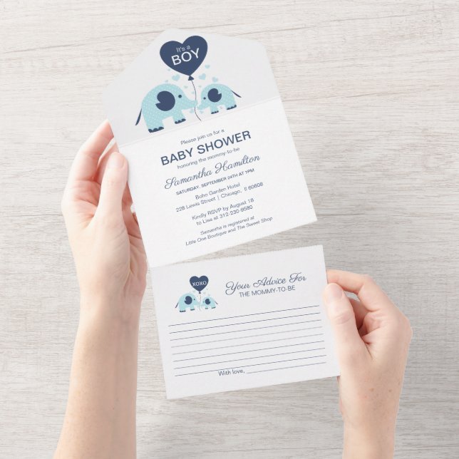 Elephant Baby Boy Shower Einladung & Advice Card (Abreißen)