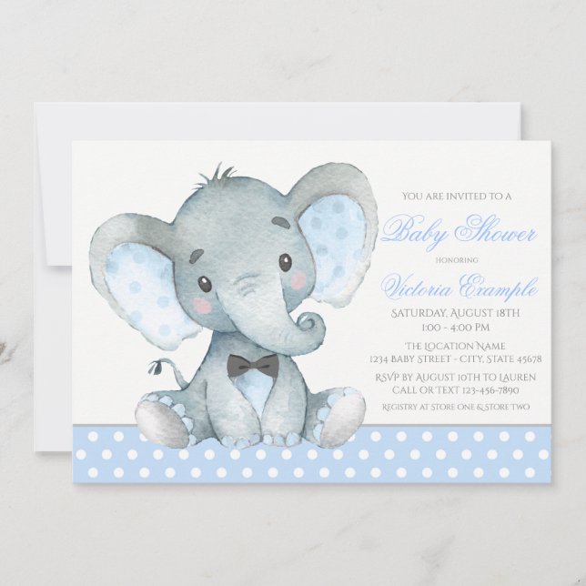 Elephant Baby Boy Shower Invitations (Devant)