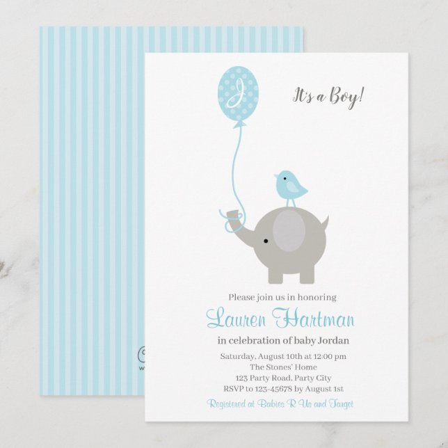 Elephant Baby Boy Shower Invitations avec ballon (Devant / Derrière)