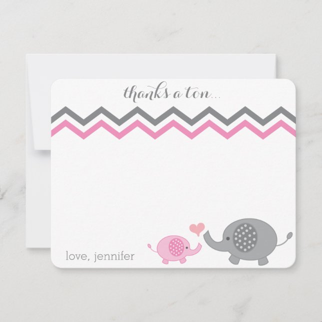 Elephant Baby Dusche Danke Pink Gray Zickzack Mitteilungskarte (Vorderseite)