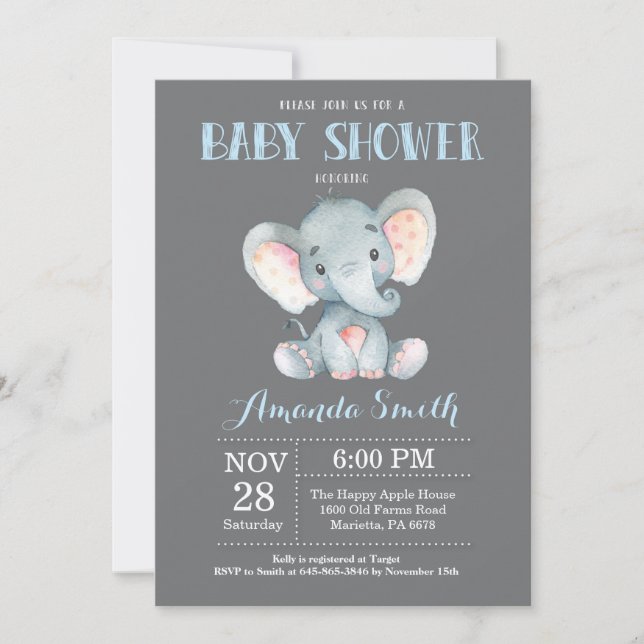 Elephant Baby Dusche Einladung Blau und Grau (Vorderseite)