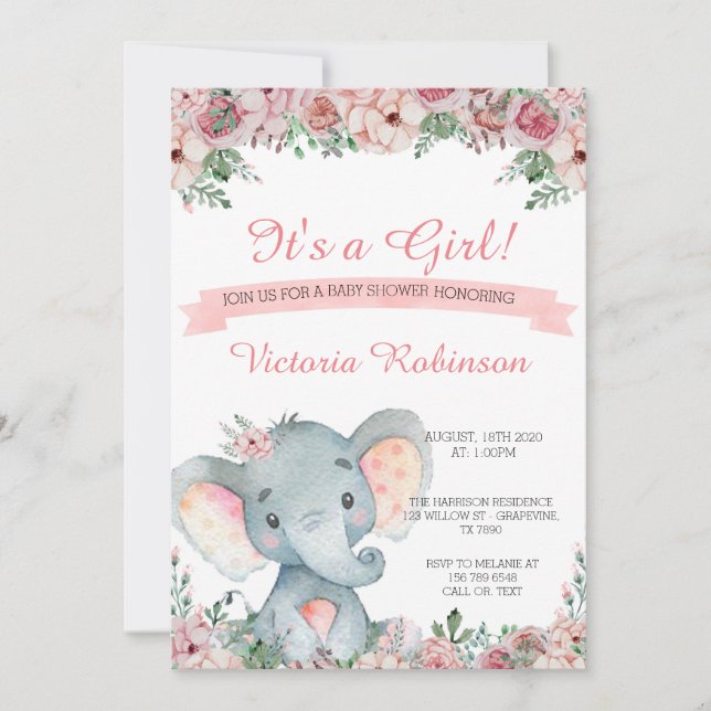 Elephant Baby Dusche Einladung blumenreich (Vorderseite)