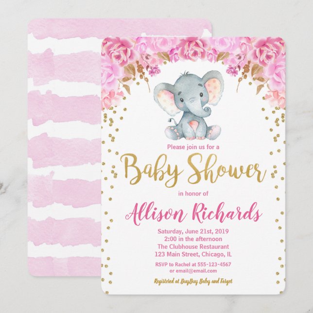 Elephant Baby Dusche Einladung Mädchen rosa Gold (Vorne/Hinten)