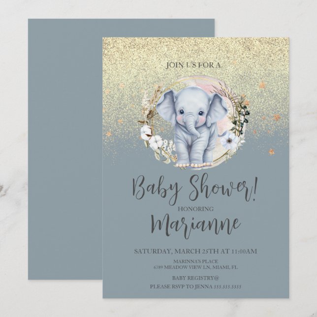 Elephant Baby Dusche Imitate Gold Glitzer Dusty Bl Einladung (Vorne/Hinten)
