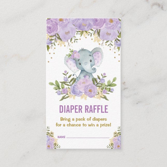 Elephant Baby Dusche Lila florale Windeln Raffel Begleitkarte (Vorderseite)