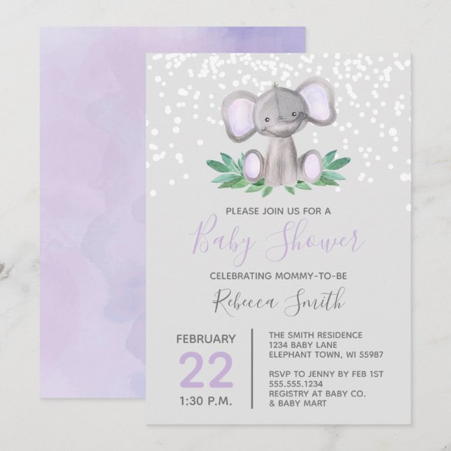 Elephant Baby Dusche Lila Wasserfarbe Einladung (Vorne/Hinten)