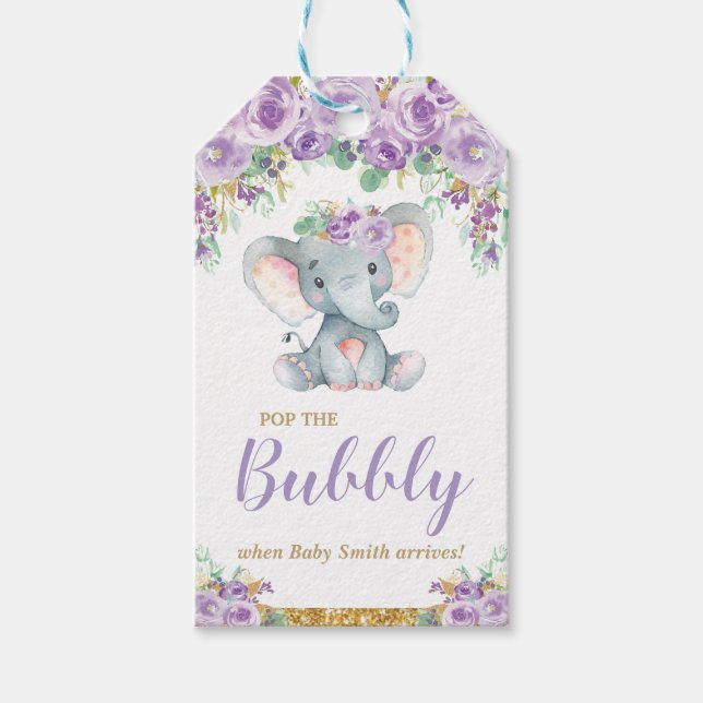 Elephant Baby Dusche Pop The Bubbly Champange Geschenkanhänger (Vorderseite)