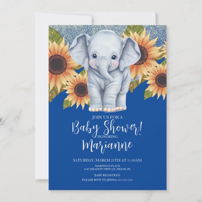 Elephant Baby Dusche Sonnenblumen Glitzer Blau Einladung (Vorderseite)