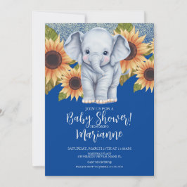 Elephant Baby Dusche Sonnenblumen Glitzer Blau Einladung