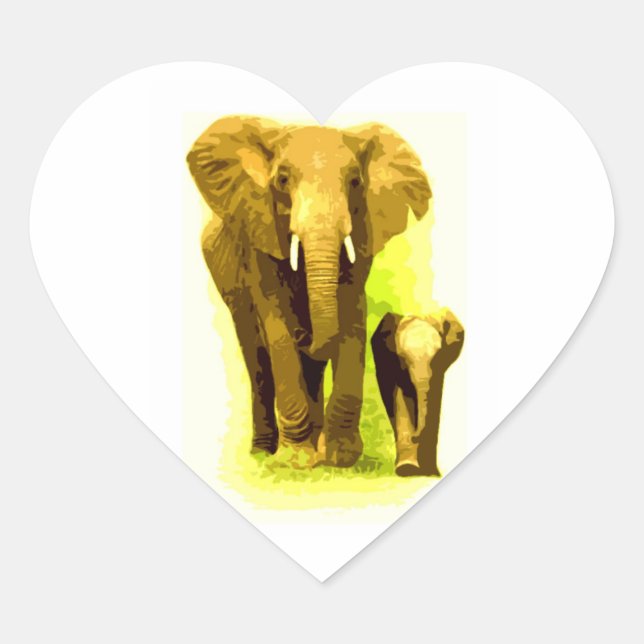 Elephant & Baby Elephant Marcher Sticker Coeur (Devant)