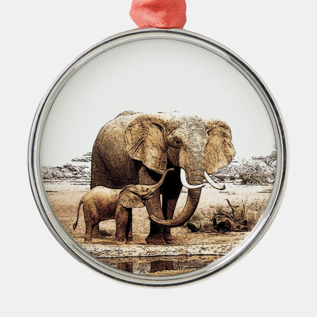 Elephant & Baby Elephant Ornament Aus Metall (Vorne)