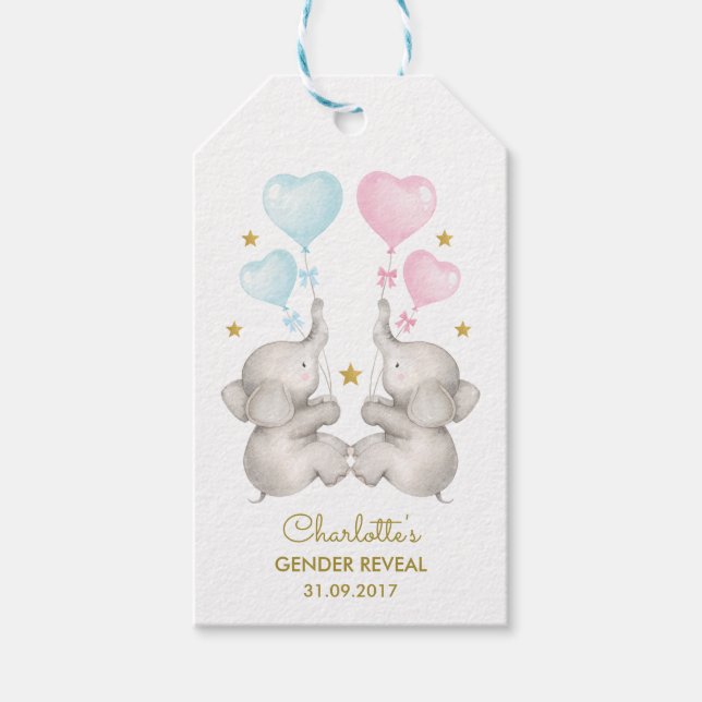 Elephant Baby Gender offenbart Blue Pink Gold Favo Geschenkanhänger (Vorderseite)