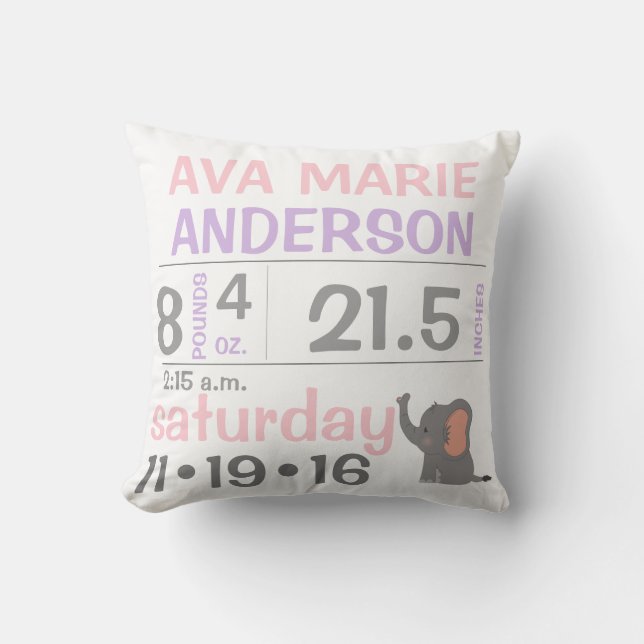 Elephant Baby Girl Announcement Throw Kissen (Vorderseite)