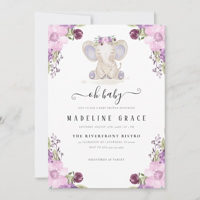 Elephant Baby Girl Baby Shower Einladung (Vorderseite)