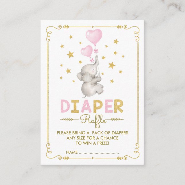 Elephant Baby Girl Diaper Raffle Pink Gold Stars Begleitkarte (Vorderseite)