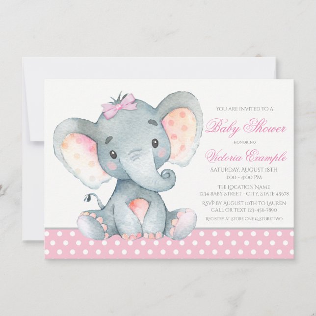 Eléphant Baby Girl Douche Invitations (Devant)