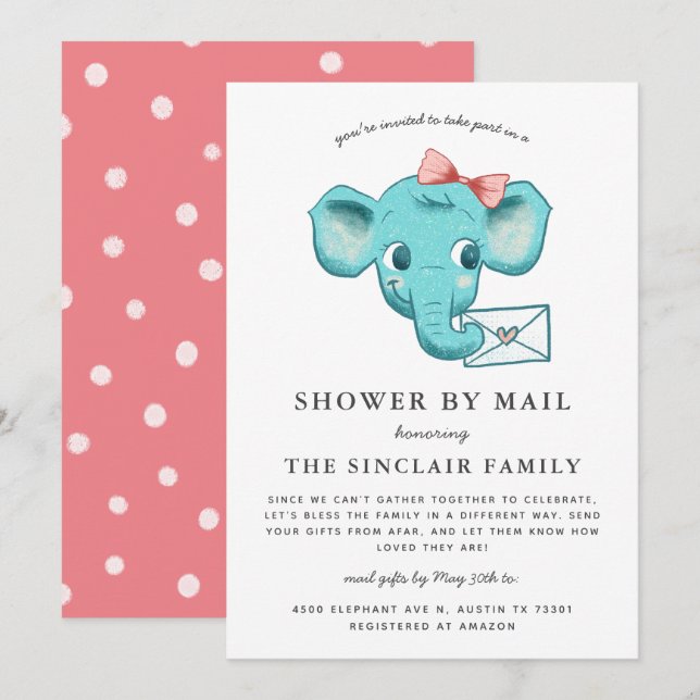 Elephant Baby Girl Dusche per Mail Einladung (Vorne/Hinten)