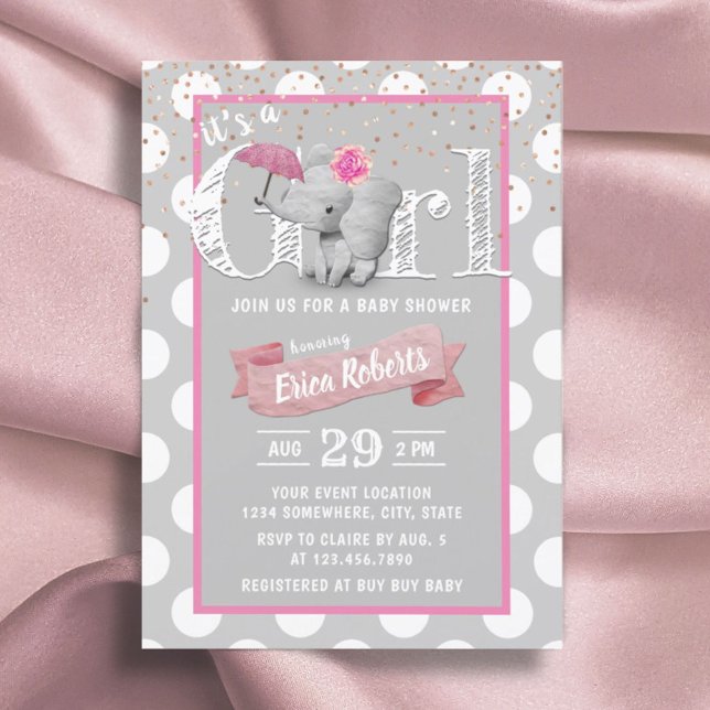 Elephant Baby Girl Niedlich Polka Dot Gray Baby Du Einladung (Von Creator hochgeladen)