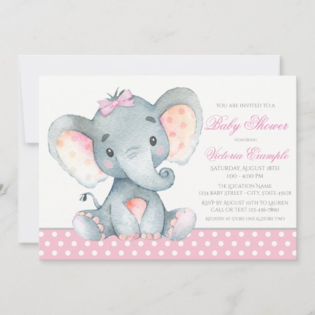 Elephant Baby Girl Shower Einladungen (Vorderseite)
