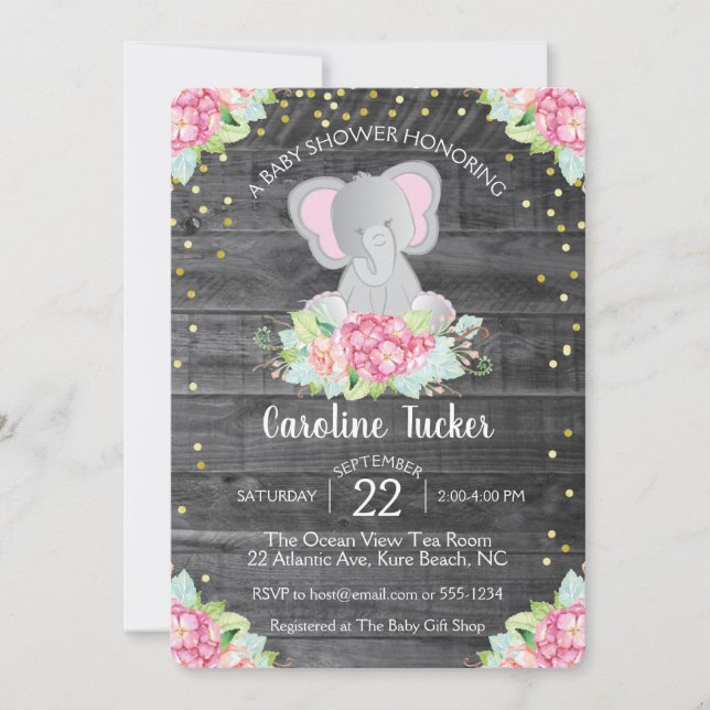 Elephant Baby Girl Shower Rustic Florals Einladung (Vorderseite)