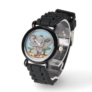Elephant Baby Jumping Happy in African Savannah Armbanduhr