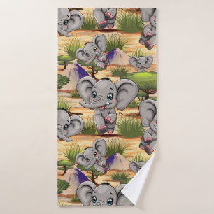 Elephant Baby Jumping Happy in African Savannah Badhandtuch Set