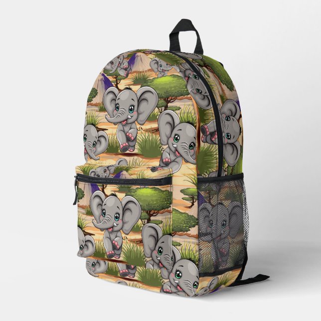 Elephant Baby Jumping Happy in African Savannah Bedruckter Rucksack (Rückseitige Ecke Rechts)