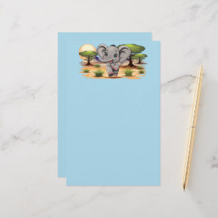 Elephant Baby Jumping Happy in African Savannah Briefpapier