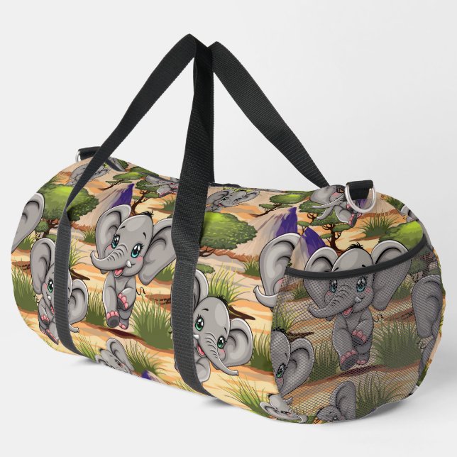 Elephant Baby Jumping Happy in African Savannah Duffle Bag (Rechte Ecke)