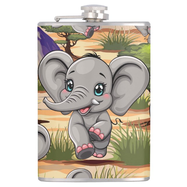 Elephant Baby Jumping Happy in African Savannah Flachmann (Vorderseite)