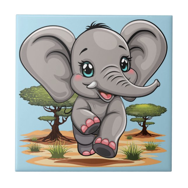 Elephant Baby Jumping Happy in African Savannah Fliese (Vorderseite)