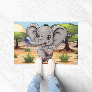 Elephant Baby Jumping Happy in African Savannah Fußmatte